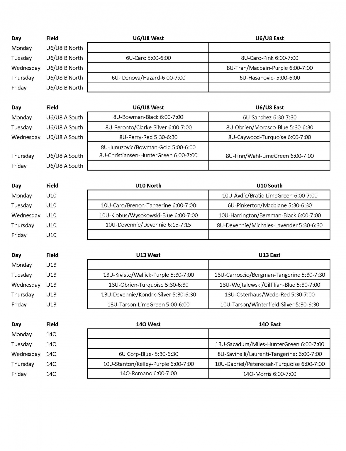 Practice Schedule - North Area Youth Soccer